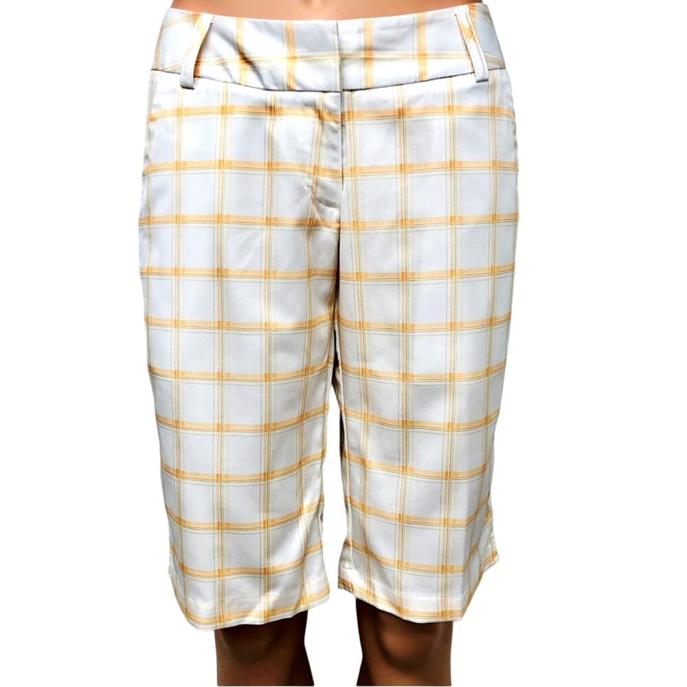 Adidas Climalite White Gold Green Plaid Activewear Shorts Go-to Bermuda Style